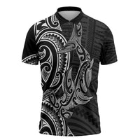 New Zealand Hammerhead Shark Zipper Polo Shirt Maori Haehae Mangopare Black LT14 Black - Polynesian Pride