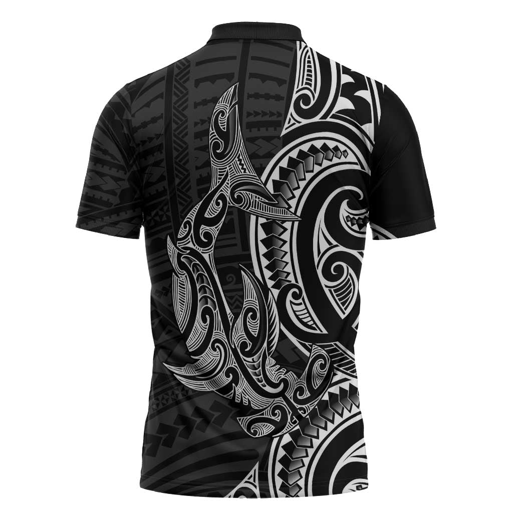New Zealand Hammerhead Shark Zipper Polo Shirt Maori Haehae Mangopare Black LT14 - Polynesian Pride