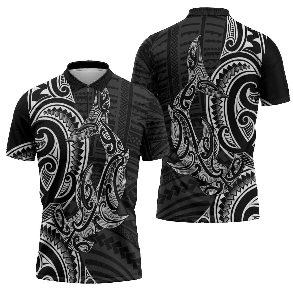 New Zealand Hammerhead Shark Zipper Polo Shirt Maori Haehae Mangopare Black LT14 - Polynesian Pride