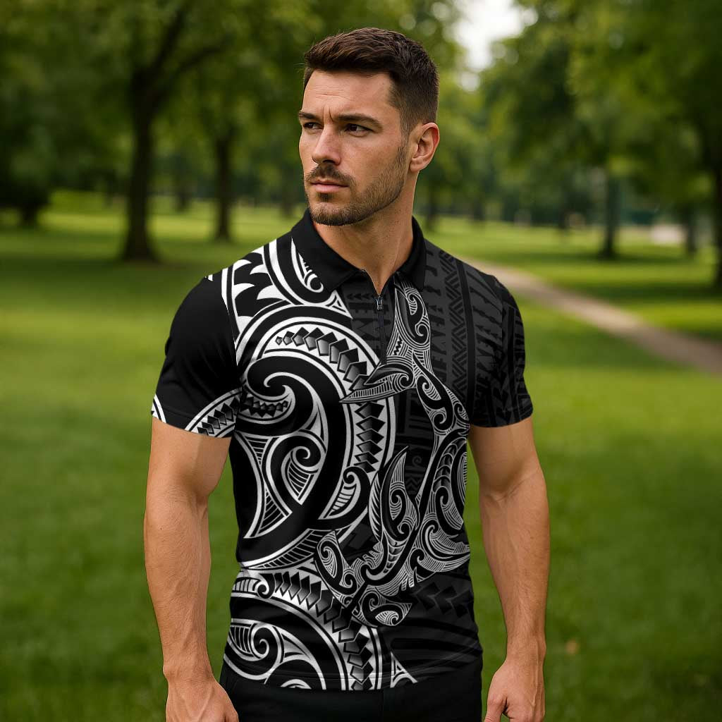 New Zealand Hammerhead Shark Zipper Polo Shirt Maori Haehae Mangopare Black LT14 - Polynesian Pride