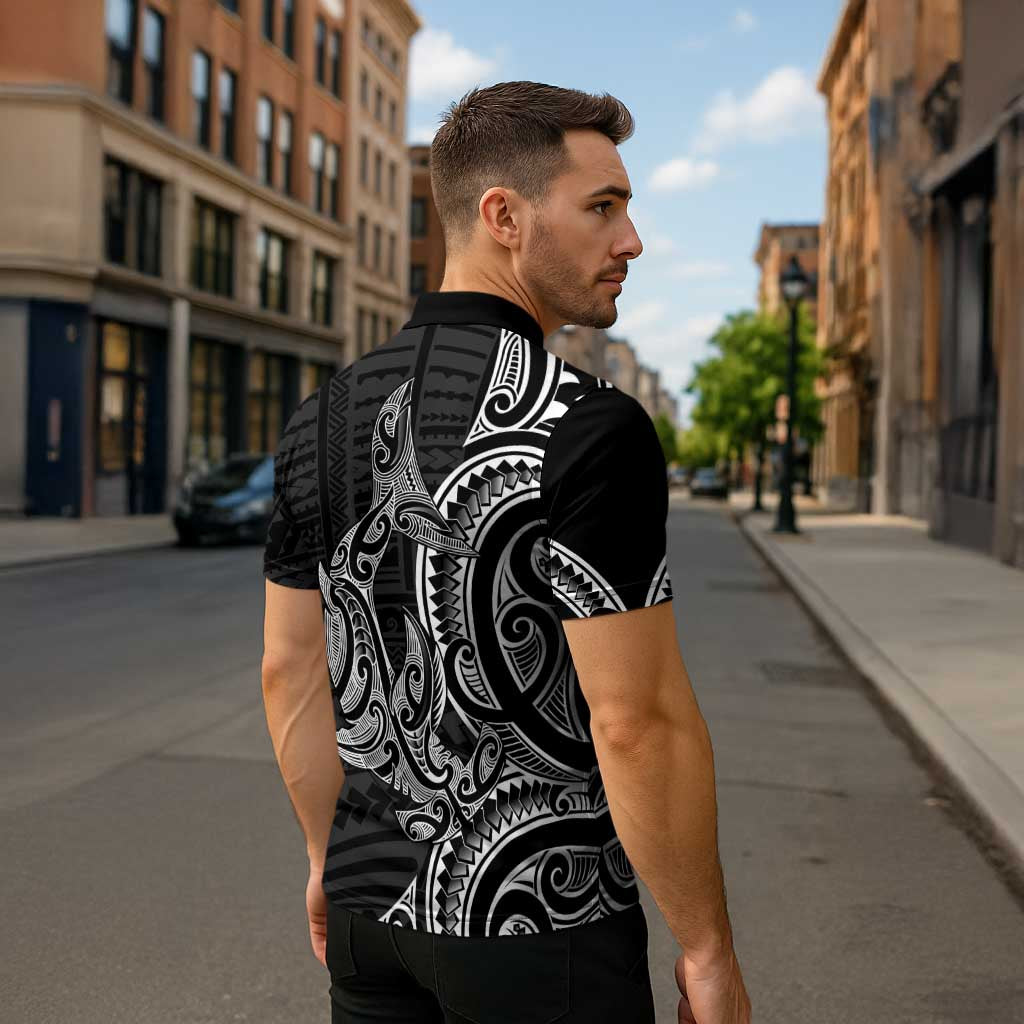 New Zealand Hammerhead Shark Zipper Polo Shirt Maori Haehae Mangopare Black LT14 - Polynesian Pride