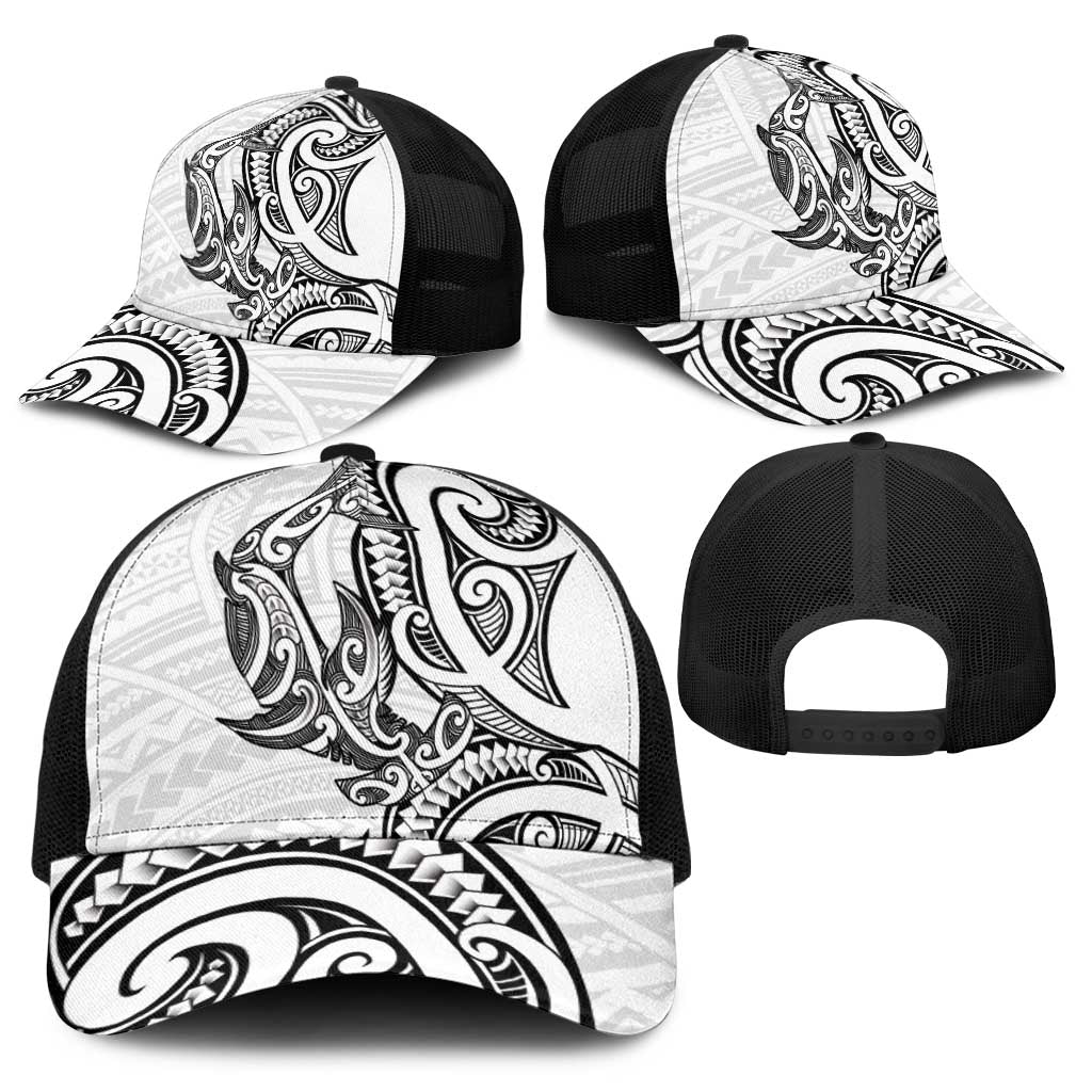 New Zealand Hammerhead Shark Baseball Net Cap Maori Haehae Mangopare White - Polynesian Pride