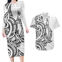 New Zealand Hammerhead Shark Couples Matching Long Sleeve Bodycon Dress and Hawaiian Shirt Maori Haehae Mangopare White LT14 White - Polynesian Pride