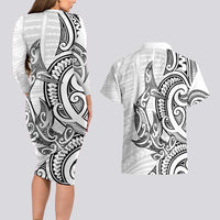 New Zealand Hammerhead Shark Couples Matching Long Sleeve Bodycon Dress and Hawaiian Shirt Maori Haehae Mangopare White LT14 - Polynesian Pride