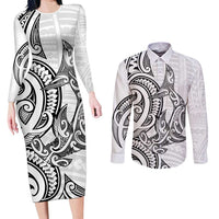New Zealand Hammerhead Shark Couples Matching Long Sleeve Bodycon Dress and Long Sleeve Button Shirt Maori Haehae Mangopare White LT14 White - Polynesian Pride