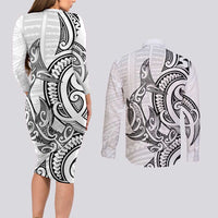 New Zealand Hammerhead Shark Couples Matching Long Sleeve Bodycon Dress and Long Sleeve Button Shirt Maori Haehae Mangopare White LT14 - Polynesian Pride