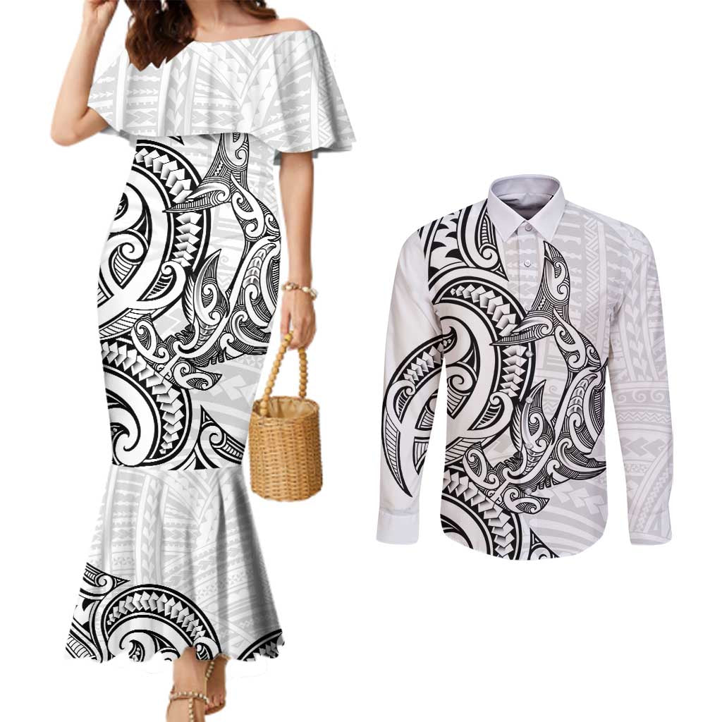 New Zealand Hammerhead Shark Couples Matching Mermaid Dress and Long Sleeve Button Shirt Maori Haehae Mangopare White LT14 White - Polynesian Pride