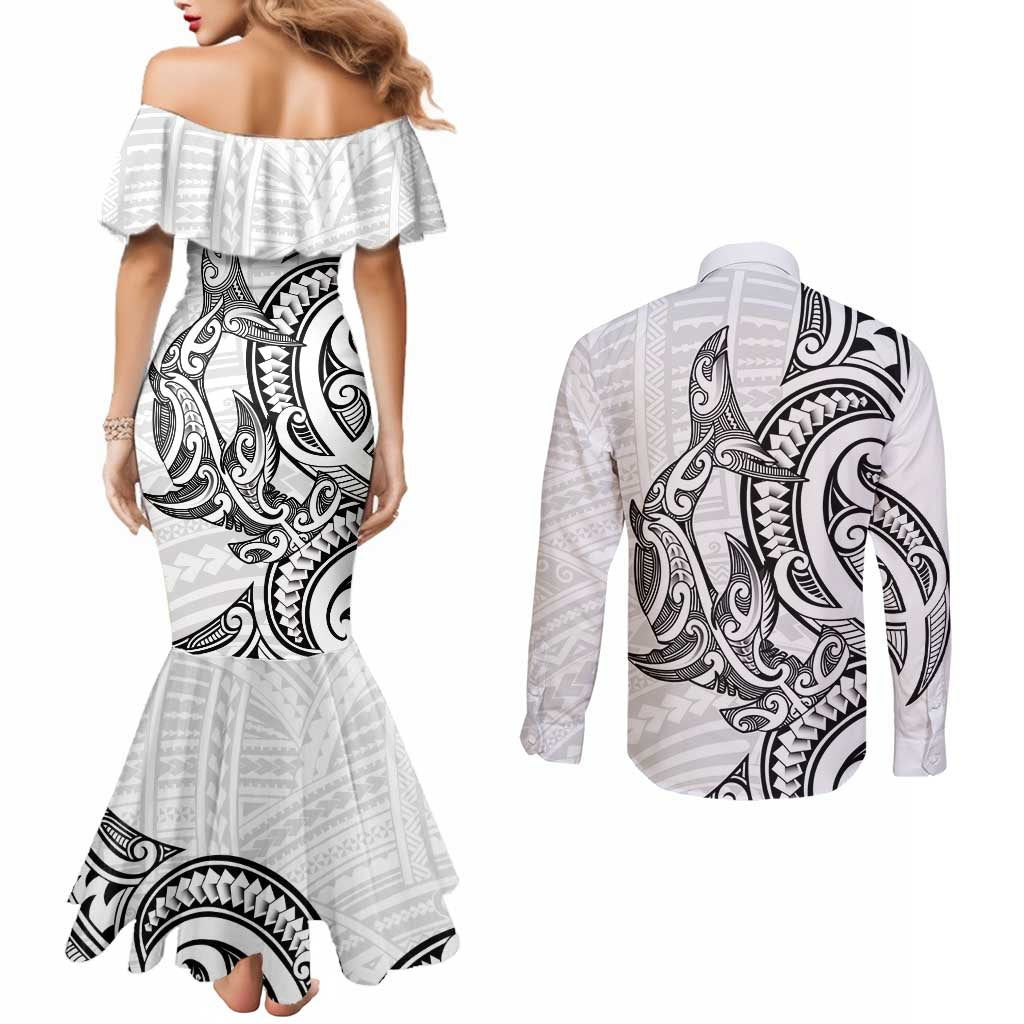 New Zealand Hammerhead Shark Couples Matching Mermaid Dress and Long Sleeve Button Shirt Maori Haehae Mangopare White LT14 - Polynesian Pride