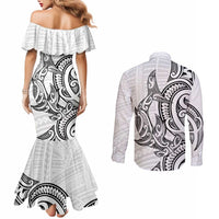 New Zealand Hammerhead Shark Couples Matching Mermaid Dress and Long Sleeve Button Shirt Maori Haehae Mangopare White LT14 - Polynesian Pride