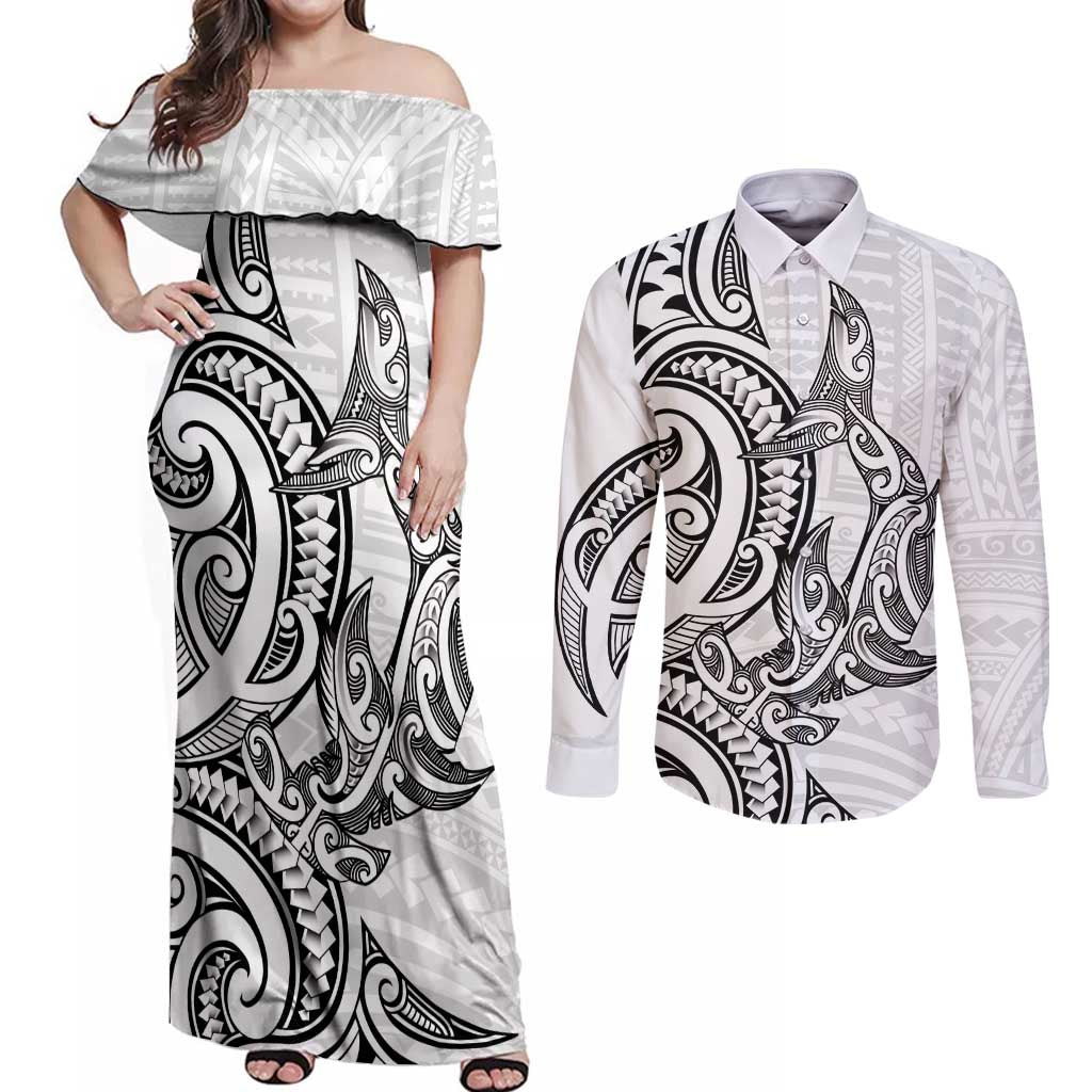 New Zealand Hammerhead Shark Couples Matching Off Shoulder Maxi Dress and Long Sleeve Button Shirt Maori Haehae Mangopare White LT14 White - Polynesian Pride