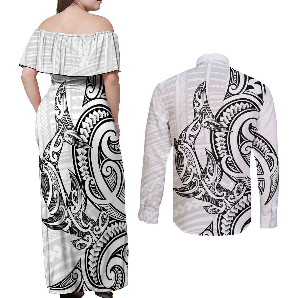 New Zealand Hammerhead Shark Couples Matching Off Shoulder Maxi Dress and Long Sleeve Button Shirt Maori Haehae Mangopare White LT14 - Polynesian Pride