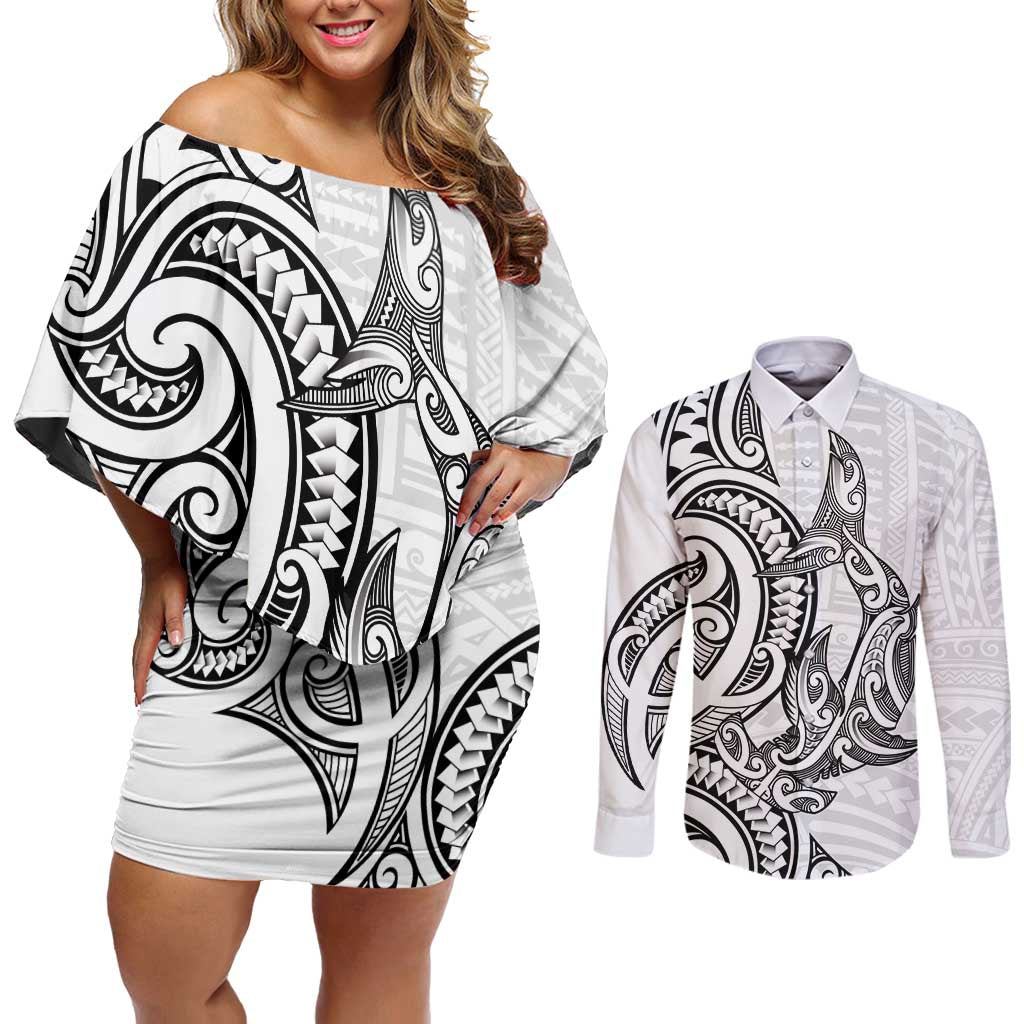 New Zealand Hammerhead Shark Couples Matching Off Shoulder Short Dress and Long Sleeve Button Shirt Maori Haehae Mangopare White LT14 White - Polynesian Pride