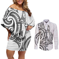 New Zealand Hammerhead Shark Couples Matching Off Shoulder Short Dress and Long Sleeve Button Shirt Maori Haehae Mangopare White LT14 White - Polynesian Pride