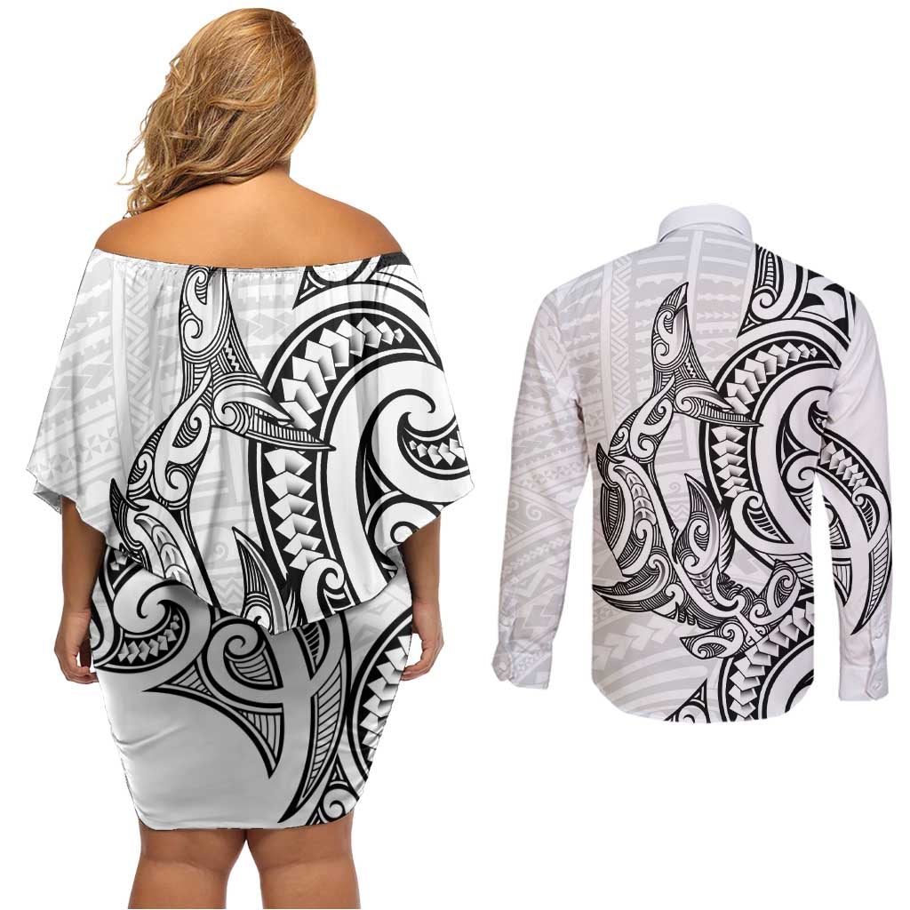 New Zealand Hammerhead Shark Couples Matching Off Shoulder Short Dress and Long Sleeve Button Shirt Maori Haehae Mangopare White LT14 - Polynesian Pride