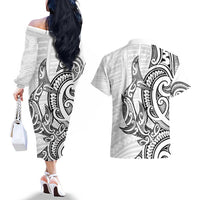 New Zealand Hammerhead Shark Couples Matching Off The Shoulder Long Sleeve Dress and Hawaiian Shirt Maori Haehae Mangopare White LT14 - Polynesian Pride