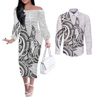 New Zealand Hammerhead Shark Couples Matching Off The Shoulder Long Sleeve Dress and Long Sleeve Button Shirt Maori Haehae Mangopare White LT14 White - Polynesian Pride