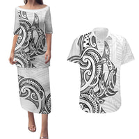 New Zealand Hammerhead Shark Couples Matching Puletasi and Hawaiian Shirt Maori Haehae Mangopare White LT14 White - Polynesian Pride