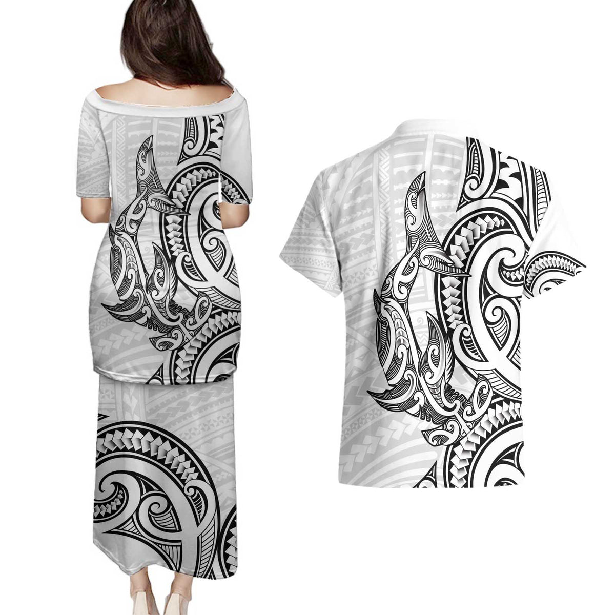 New Zealand Hammerhead Shark Couples Matching Puletasi and Hawaiian Shirt Maori Haehae Mangopare White LT14 - Polynesian Pride