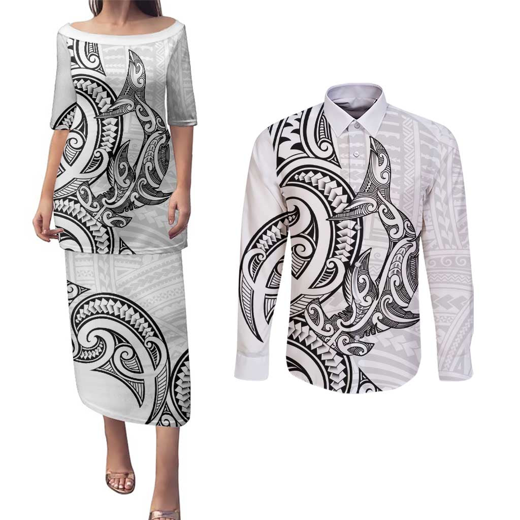 New Zealand Hammerhead Shark Couples Matching Puletasi and Long Sleeve Button Shirt Maori Haehae Mangopare White LT14 White - Polynesian Pride