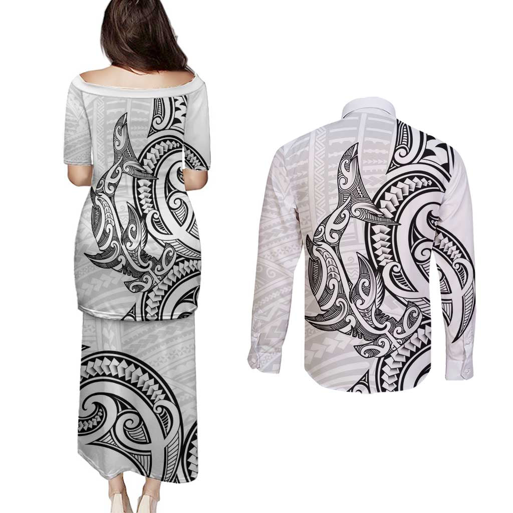 New Zealand Hammerhead Shark Couples Matching Puletasi and Long Sleeve Button Shirt Maori Haehae Mangopare White LT14 - Polynesian Pride