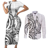 New Zealand Hammerhead Shark Couples Matching Short Sleeve Bodycon Dress and Long Sleeve Button Shirt Maori Haehae Mangopare White LT14 White - Polynesian Pride