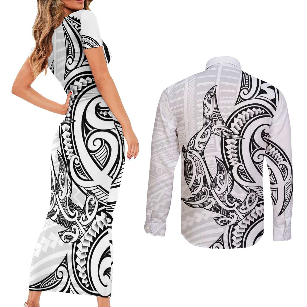 New Zealand Hammerhead Shark Couples Matching Short Sleeve Bodycon Dress and Long Sleeve Button Shirt Maori Haehae Mangopare White LT14 - Polynesian Pride