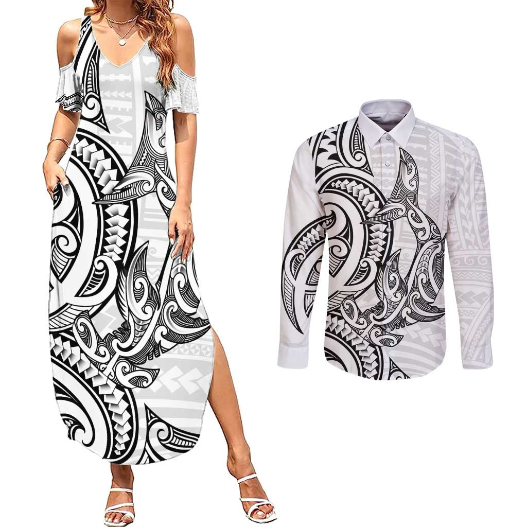New Zealand Hammerhead Shark Couples Matching Summer Maxi Dress and Long Sleeve Button Shirt Maori Haehae Mangopare White LT14 White - Polynesian Pride
