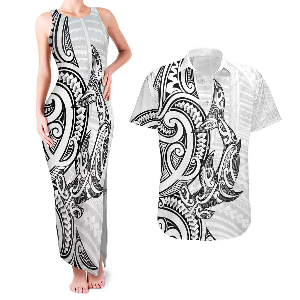 New Zealand Hammerhead Shark Couples Matching Tank Maxi Dress and Hawaiian Shirt Maori Haehae Mangopare White LT14 White - Polynesian Pride