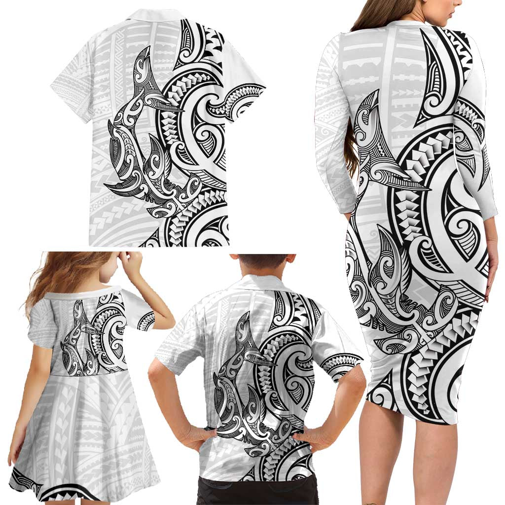 New Zealand Hammerhead Shark Family Matching Long Sleeve Bodycon Dress and Hawaiian Shirt Maori Haehae Mangopare White LT14 - Polynesian Pride