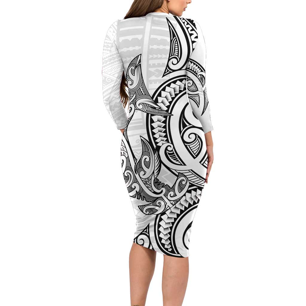 New Zealand Hammerhead Shark Family Matching Long Sleeve Bodycon Dress and Hawaiian Shirt Maori Haehae Mangopare White LT14 - Polynesian Pride