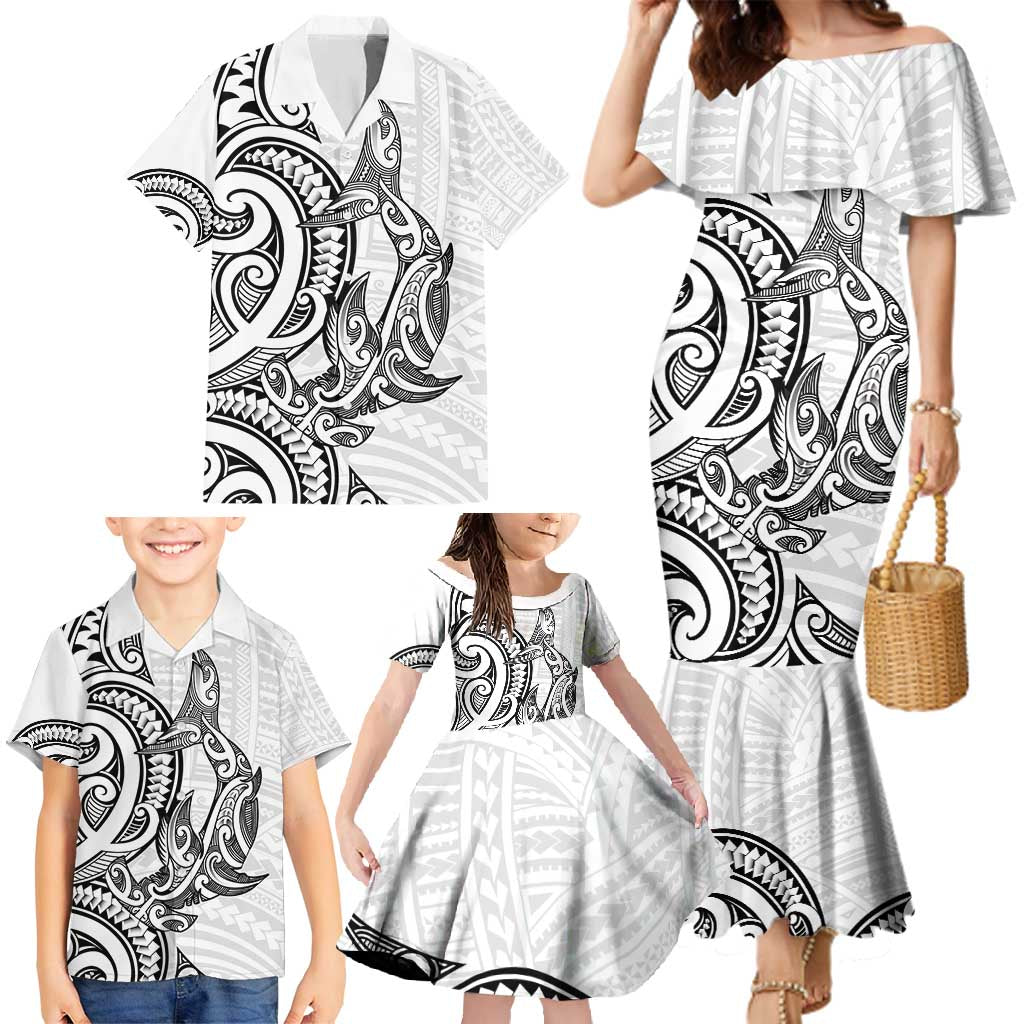 New Zealand Hammerhead Shark Family Matching Mermaid Dress and Hawaiian Shirt Maori Haehae Mangopare White LT14 - Polynesian Pride