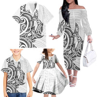 New Zealand Hammerhead Shark Family Matching Off The Shoulder Long Sleeve Dress and Hawaiian Shirt Maori Haehae Mangopare White LT14 - Polynesian Pride