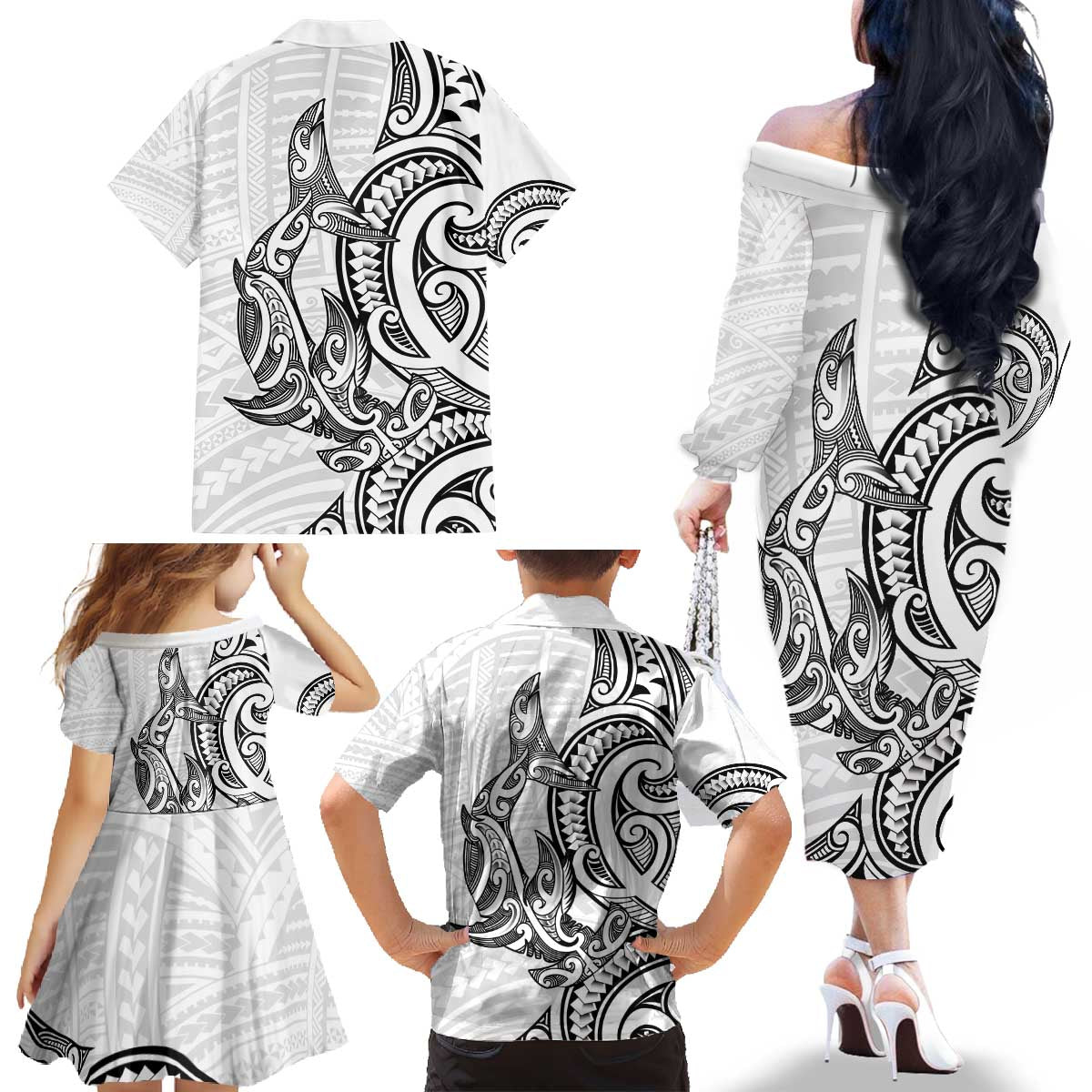 New Zealand Hammerhead Shark Family Matching Off The Shoulder Long Sleeve Dress and Hawaiian Shirt Maori Haehae Mangopare White LT14 - Polynesian Pride