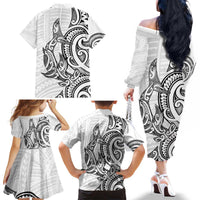 New Zealand Hammerhead Shark Family Matching Off The Shoulder Long Sleeve Dress and Hawaiian Shirt Maori Haehae Mangopare White LT14 - Polynesian Pride