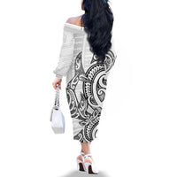 New Zealand Hammerhead Shark Family Matching Off The Shoulder Long Sleeve Dress and Hawaiian Shirt Maori Haehae Mangopare White LT14 - Polynesian Pride