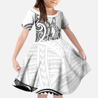 New Zealand Hammerhead Shark Family Matching Off Shoulder Maxi Dress and Hawaiian Shirt Maori Haehae Mangopare White LT14 Daughter's Dress White - Polynesian Pride