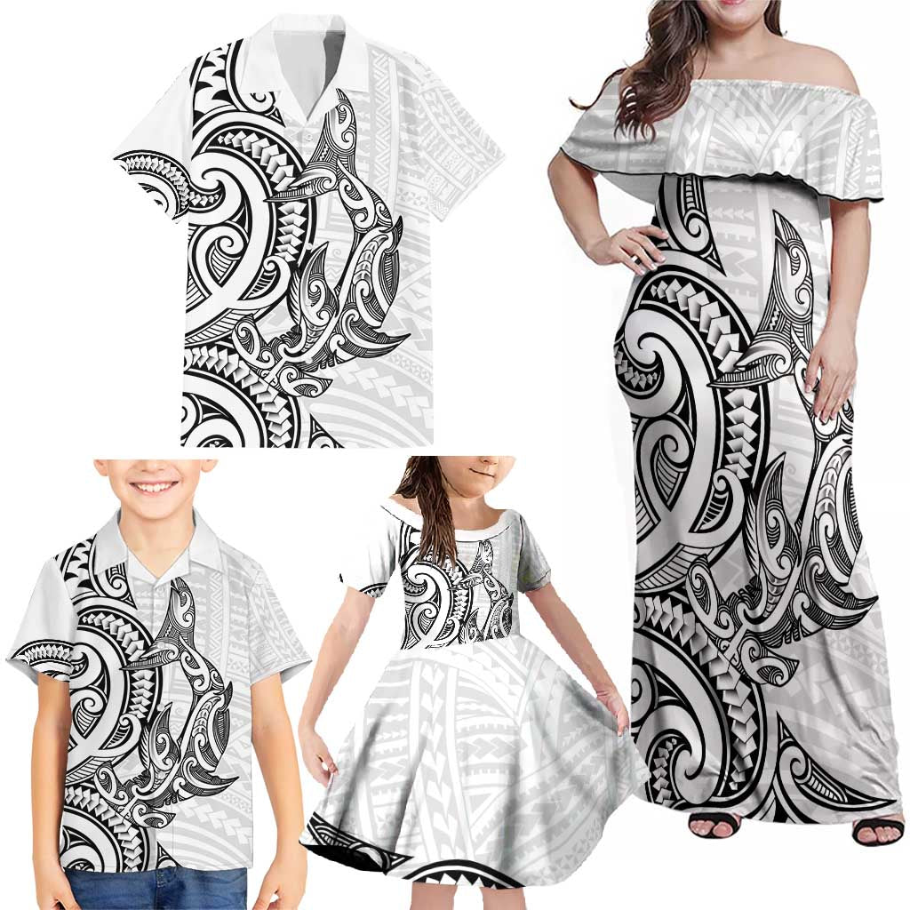 New Zealand Hammerhead Shark Family Matching Off Shoulder Maxi Dress and Hawaiian Shirt Maori Haehae Mangopare White LT14 - Polynesian Pride