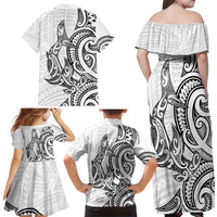 New Zealand Hammerhead Shark Family Matching Off Shoulder Maxi Dress and Hawaiian Shirt Maori Haehae Mangopare White LT14 - Polynesian Pride