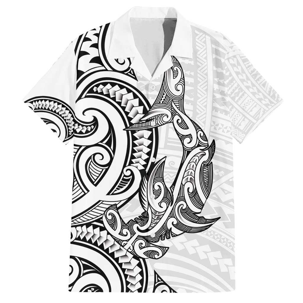 New Zealand Hammerhead Shark Family Matching Off Shoulder Maxi Dress and Hawaiian Shirt Maori Haehae Mangopare White LT14 Dad's Shirt - Short Sleeve White - Polynesian Pride