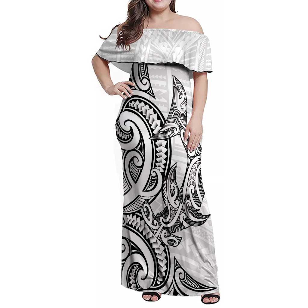 New Zealand Hammerhead Shark Family Matching Off Shoulder Maxi Dress and Hawaiian Shirt Maori Haehae Mangopare White LT14 Mom's Dress White - Polynesian Pride