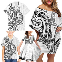 New Zealand Hammerhead Shark Family Matching Off Shoulder Short Dress and Hawaiian Shirt Maori Haehae Mangopare White LT14 - Polynesian Pride