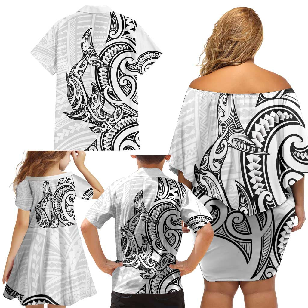 New Zealand Hammerhead Shark Family Matching Off Shoulder Short Dress and Hawaiian Shirt Maori Haehae Mangopare White LT14 - Polynesian Pride