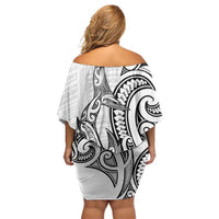 New Zealand Hammerhead Shark Family Matching Off Shoulder Short Dress and Hawaiian Shirt Maori Haehae Mangopare White LT14 - Polynesian Pride