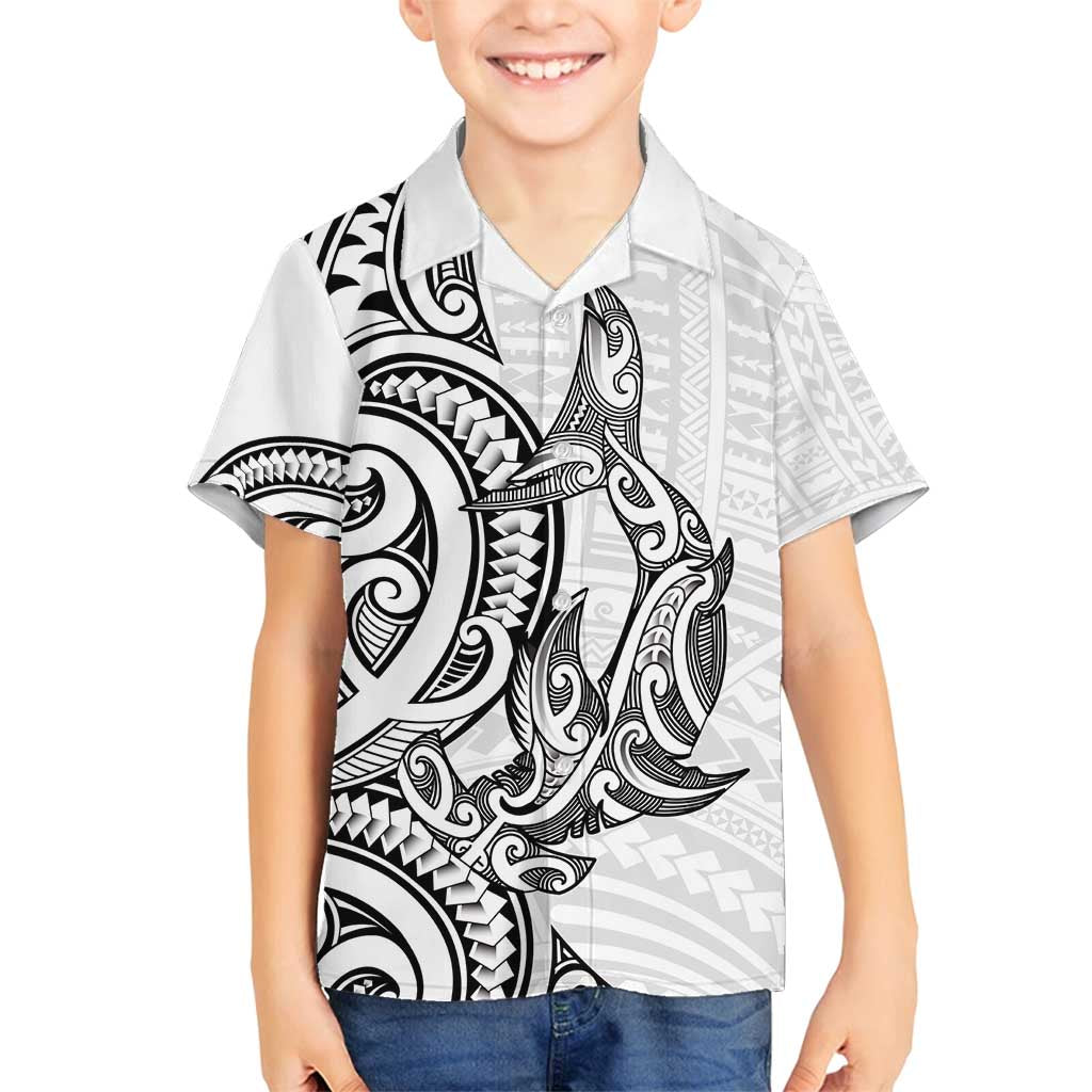 New Zealand Hammerhead Shark Family Matching Off Shoulder Short Dress and Hawaiian Shirt Maori Haehae Mangopare White LT14 Son's Shirt White - Polynesian Pride