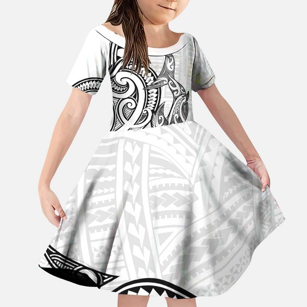 New Zealand Hammerhead Shark Family Matching Puletasi and Hawaiian Shirt Maori Haehae Mangopare White LT14 Daughter's Dress White - Polynesian Pride