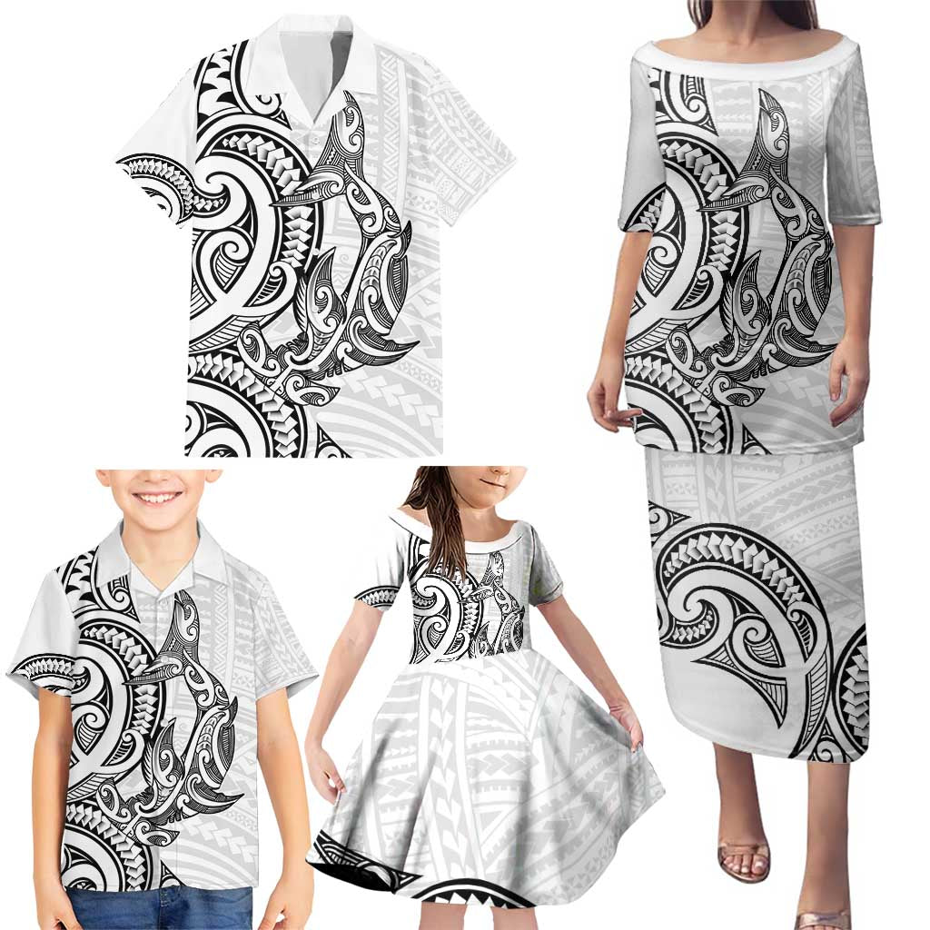 New Zealand Hammerhead Shark Family Matching Puletasi and Hawaiian Shirt Maori Haehae Mangopare White LT14 - Polynesian Pride