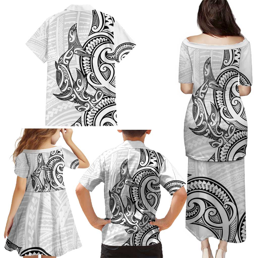 New Zealand Hammerhead Shark Family Matching Puletasi and Hawaiian Shirt Maori Haehae Mangopare White LT14 - Polynesian Pride