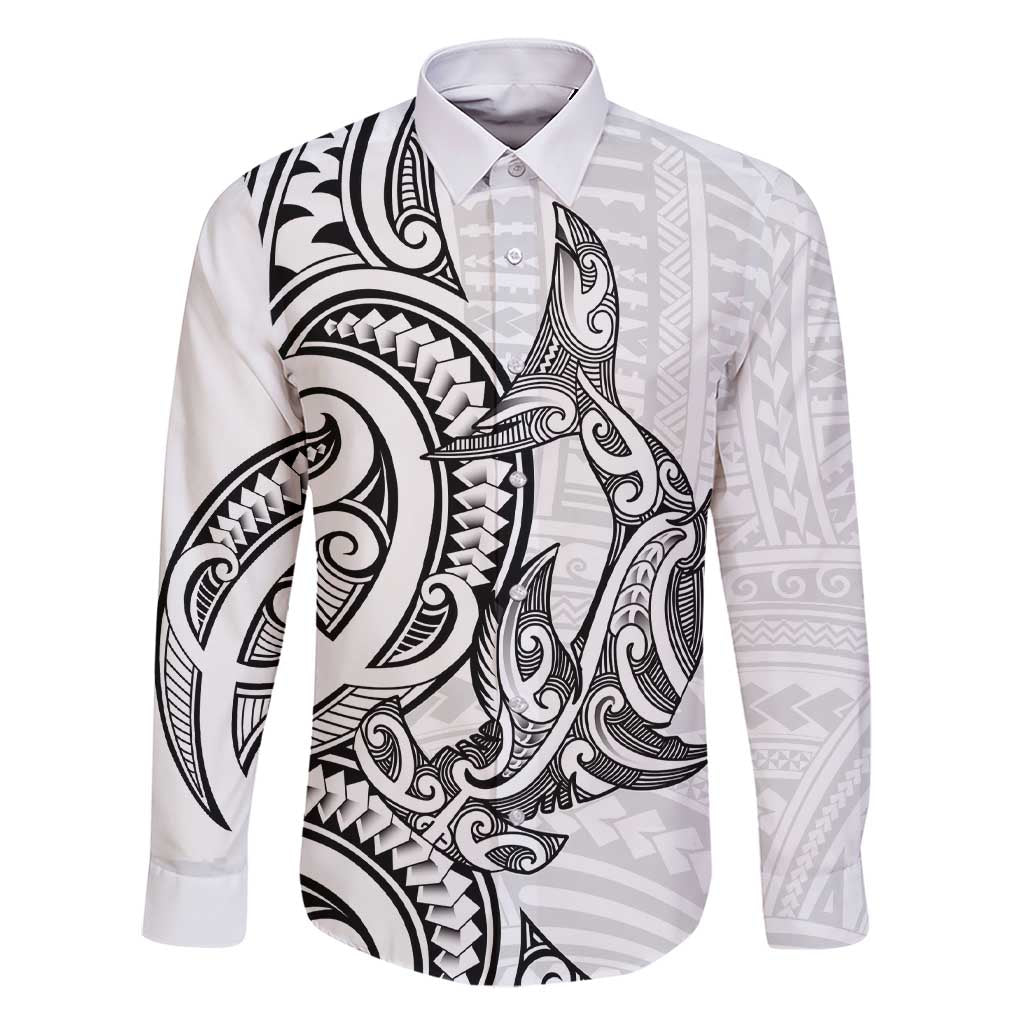 New Zealand Hammerhead Shark Family Matching Short Sleeve Bodycon Dress and Hawaiian Shirt Maori Haehae Mangopare White LT14 Dad's Shirt - Long Sleeve White - Polynesian Pride