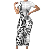 New Zealand Hammerhead Shark Family Matching Short Sleeve Bodycon Dress and Hawaiian Shirt Maori Haehae Mangopare White LT14 Mom's Dress White - Polynesian Pride