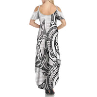 New Zealand Hammerhead Shark Family Matching Summer Maxi Dress and Hawaiian Shirt Maori Haehae Mangopare White LT14 - Polynesian Pride